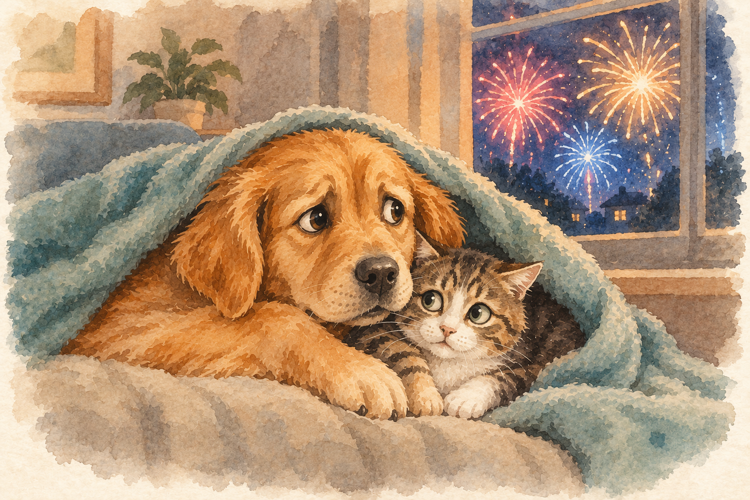 Bange hond en kat liggen samen op een bank te schuilen onder een dekentje, met vuurwerk zichtbaar door het raam.