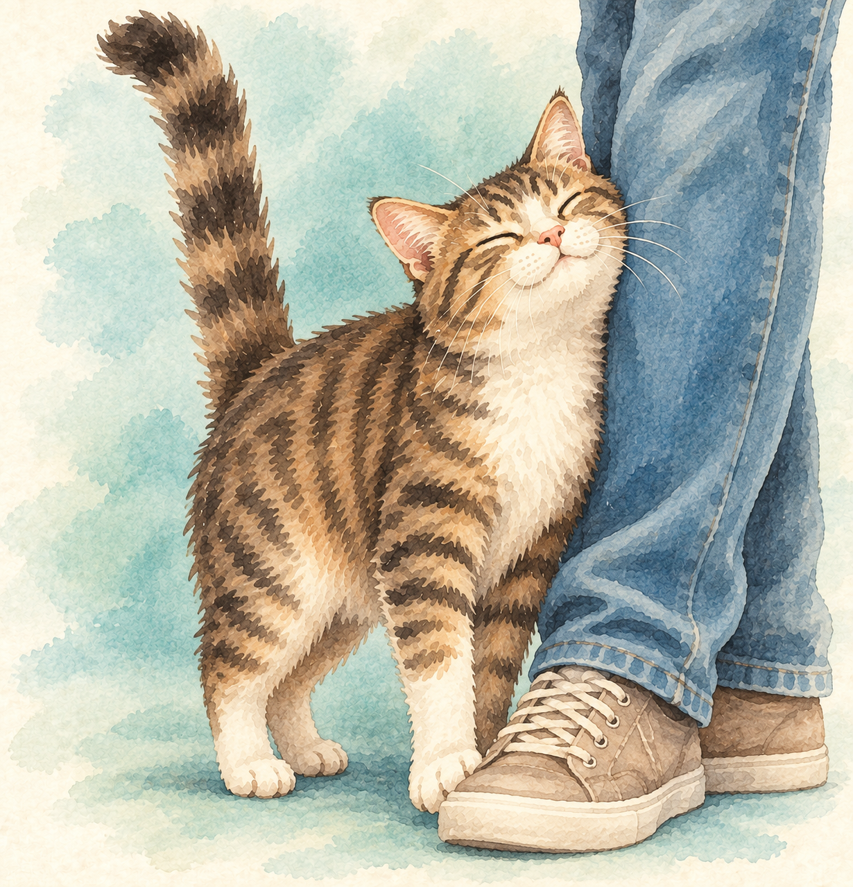 Bruine kat met witte borst wrijft zich tegen benen van eigenaar aan die beige sneakers met veters draagt.