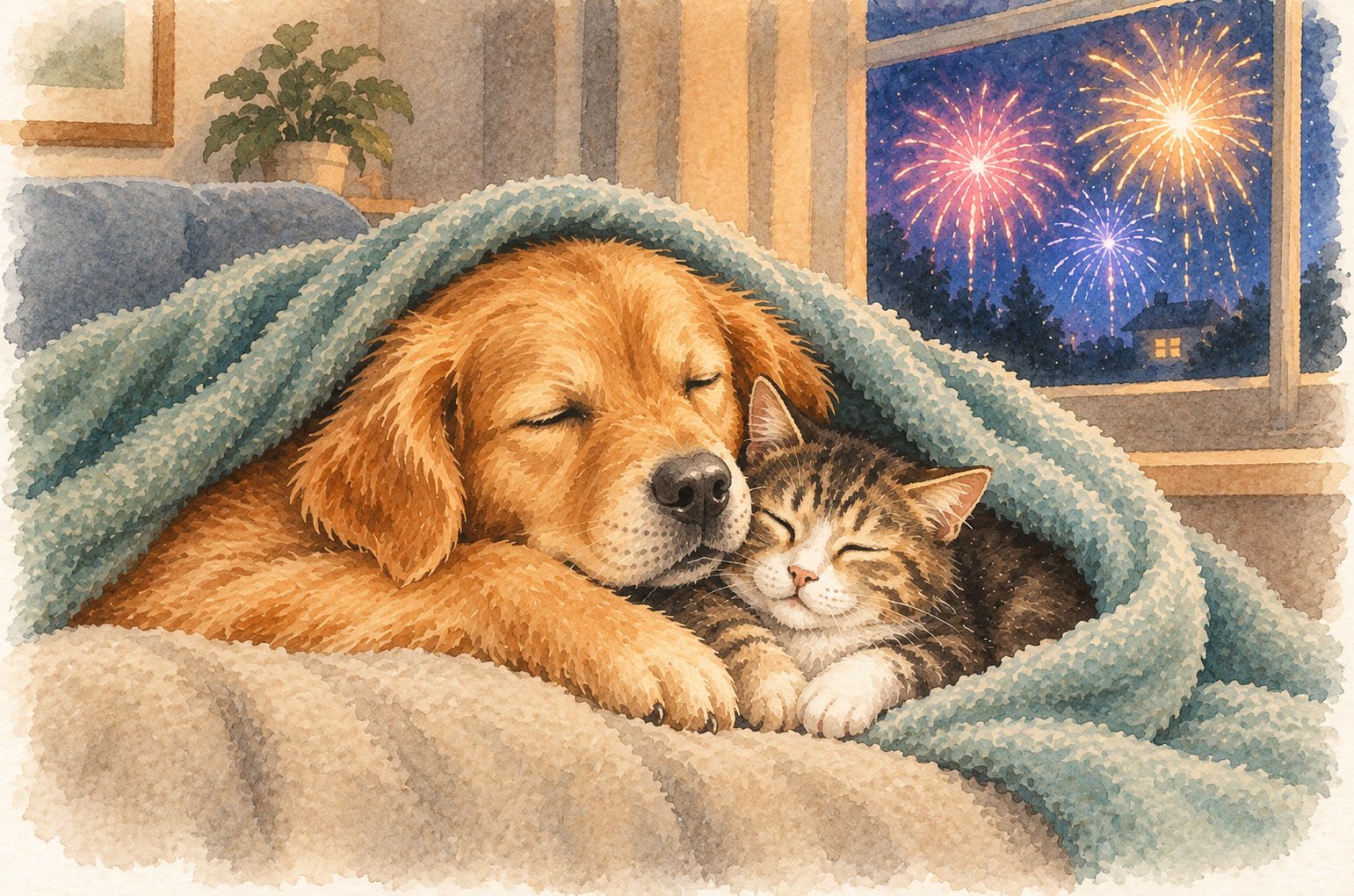 Hond en kat slapen relax samen in een blauwe deken, vuurwerk zichtbaar door het raam.