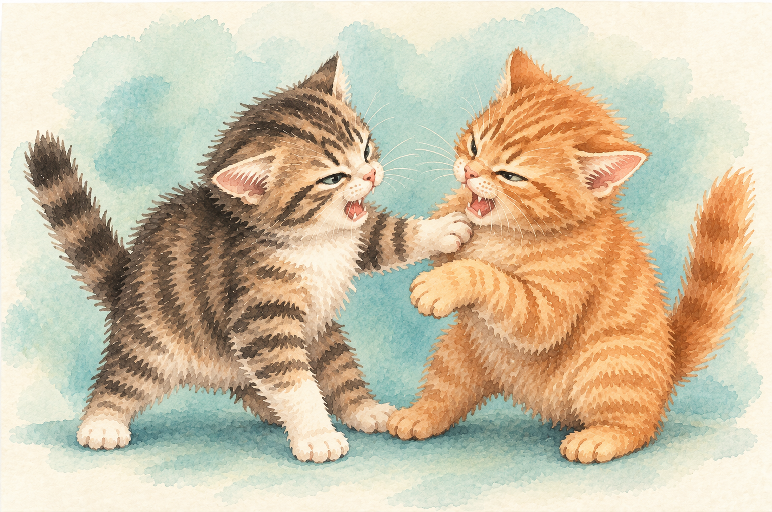 Twee boze katten, een zwart-witte en een oranje, die elkaar slaan op een blauwe achtergrond.