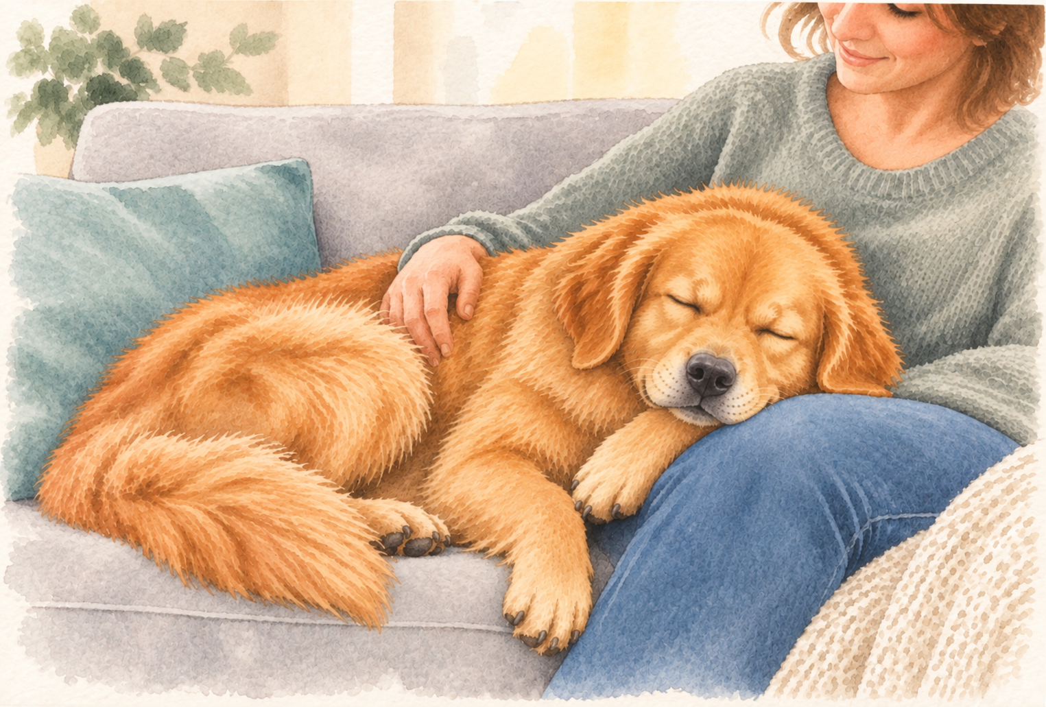 Golden retriever ligt ontspannen op bankkussen terwijl een vrouw zachtjes over zijn vacht streelt.