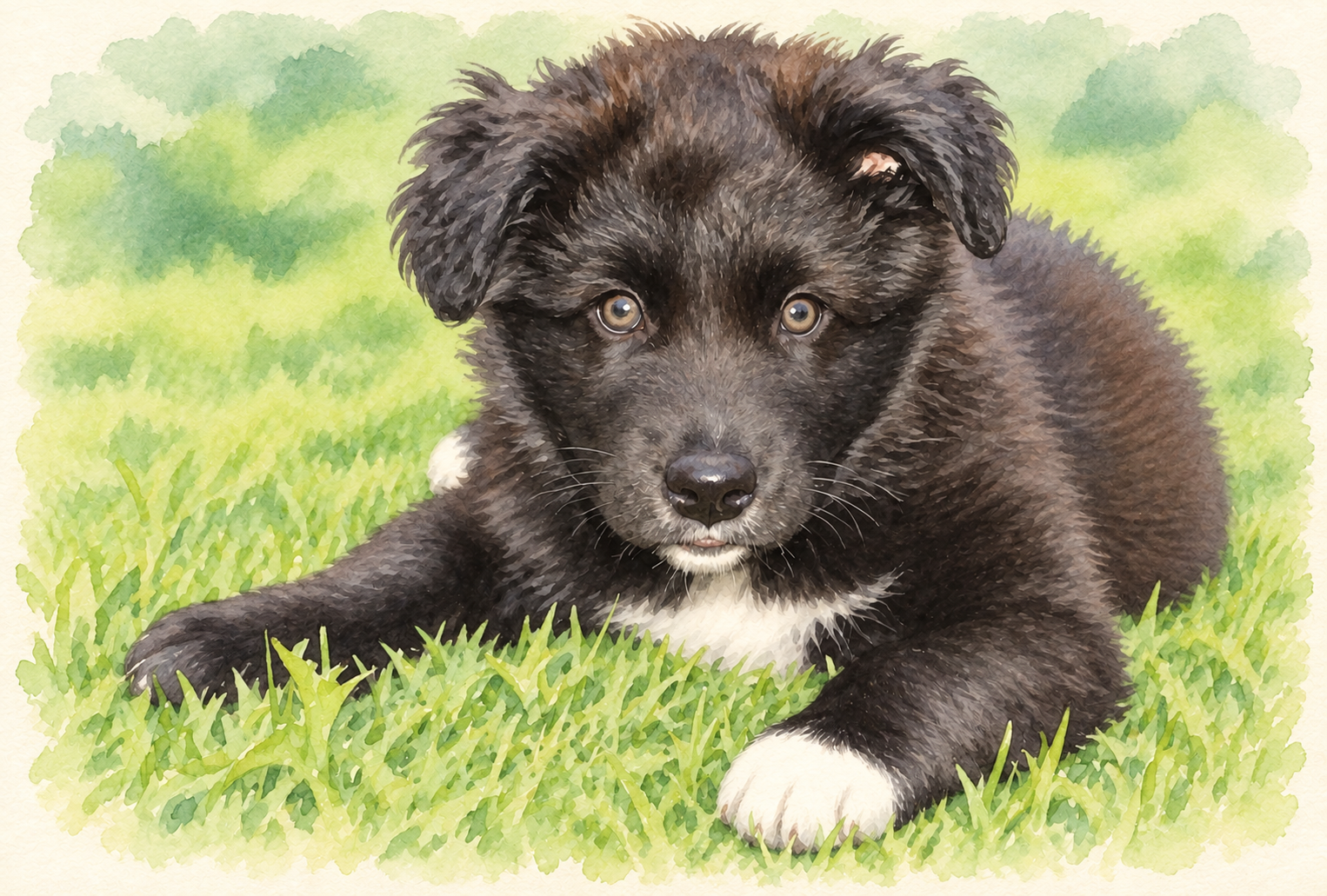Zwarte hond met witte borst ligt in groen gras, met bergen en bomen op aquarelachtige achtergrond.