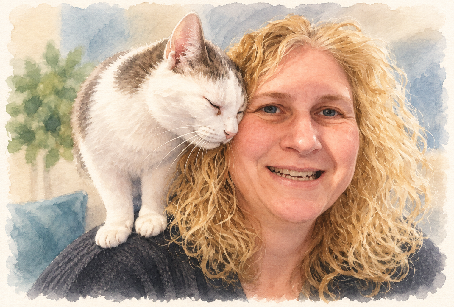 Glimlachende vrouw met krullend blond haar naast witte kat met blauwe ogen, close-up selfie binnenshuis.